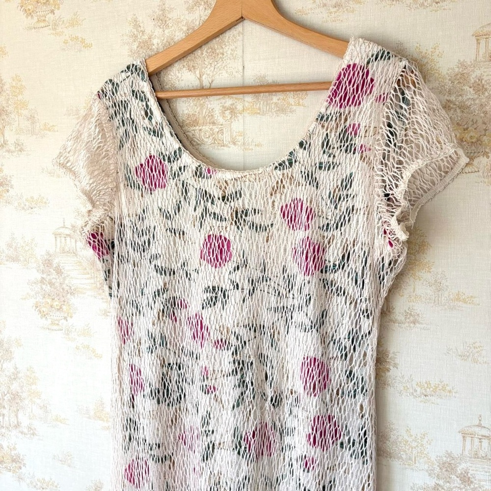Vintage 90s Caroline Wells Floral Crochet Overlay Midi Dress Fairycore Boho L